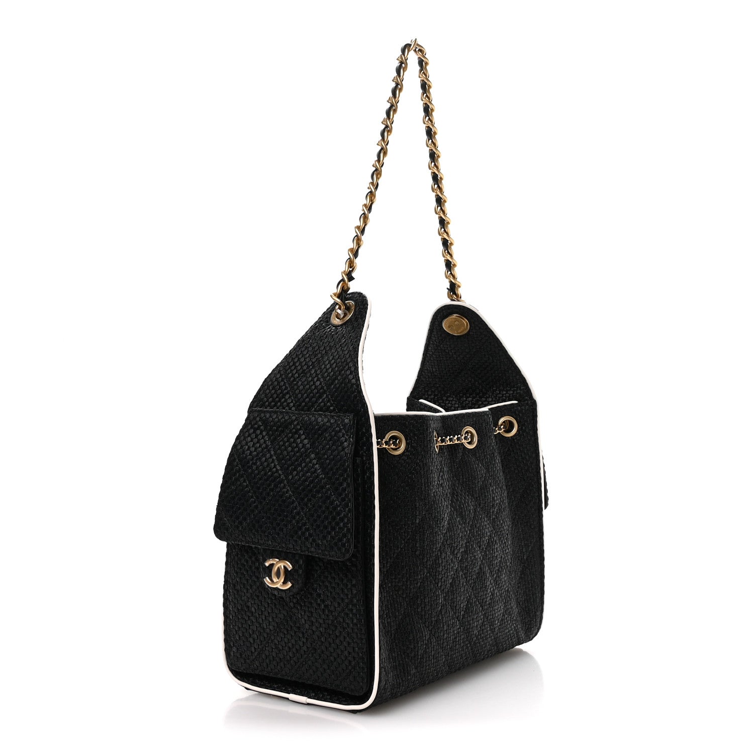 Chanel Braided Raffia Calfskin Small Chanel 25 Handbag Black White