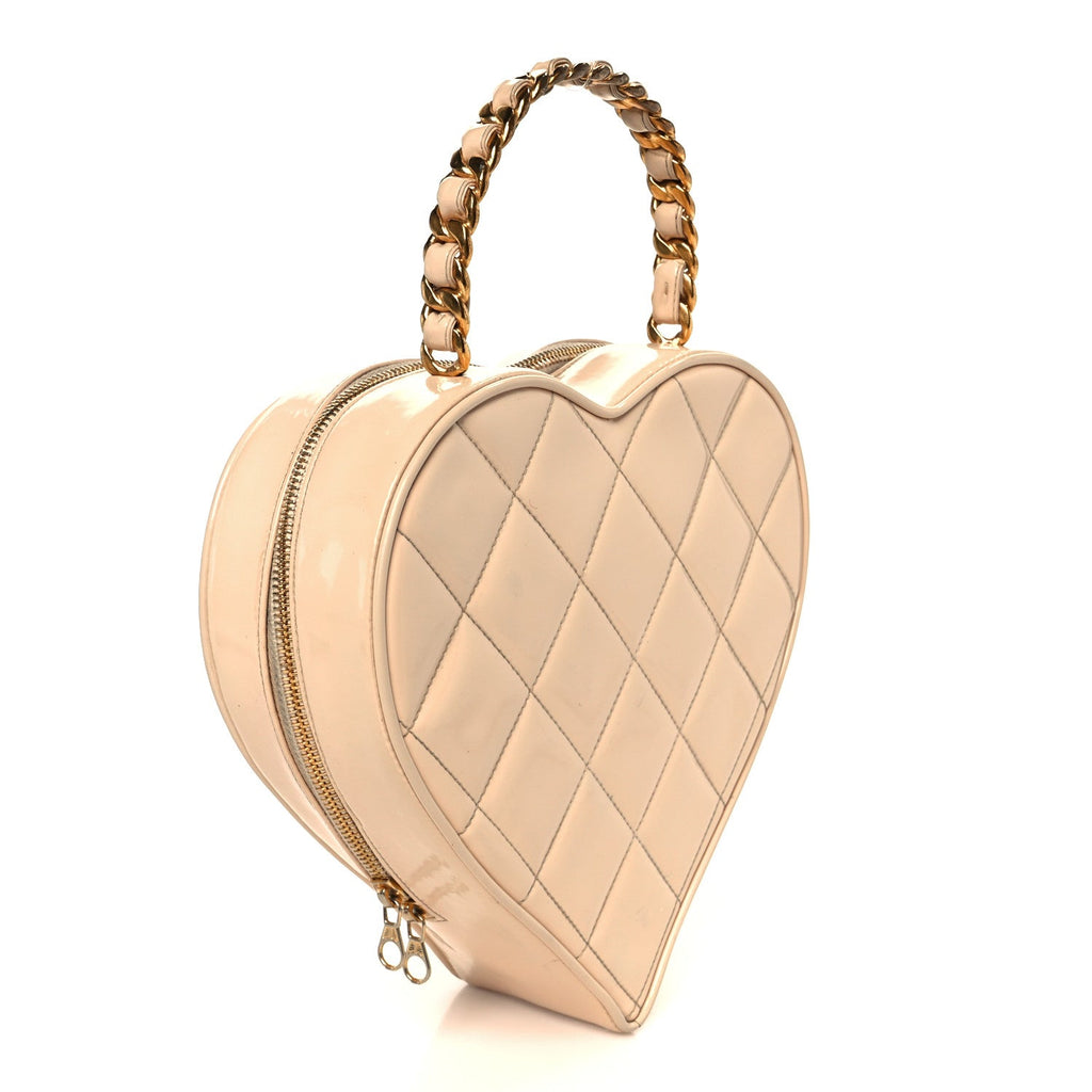 Chanel Patent Quilted CC Barbie Heart Vanity Case Beige