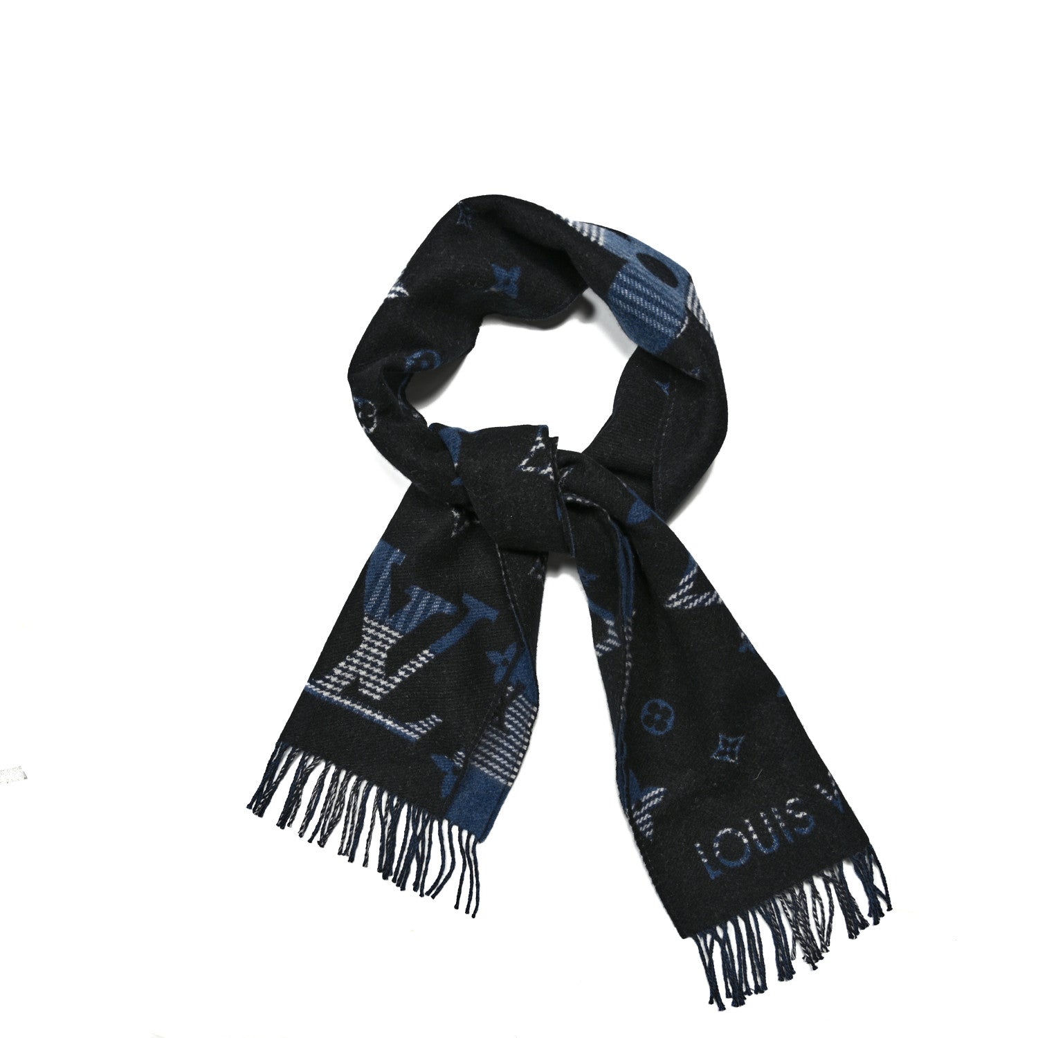 Louis Vuitton Wool Cashmere Monogram Galaxy Tartan City Scarf Black