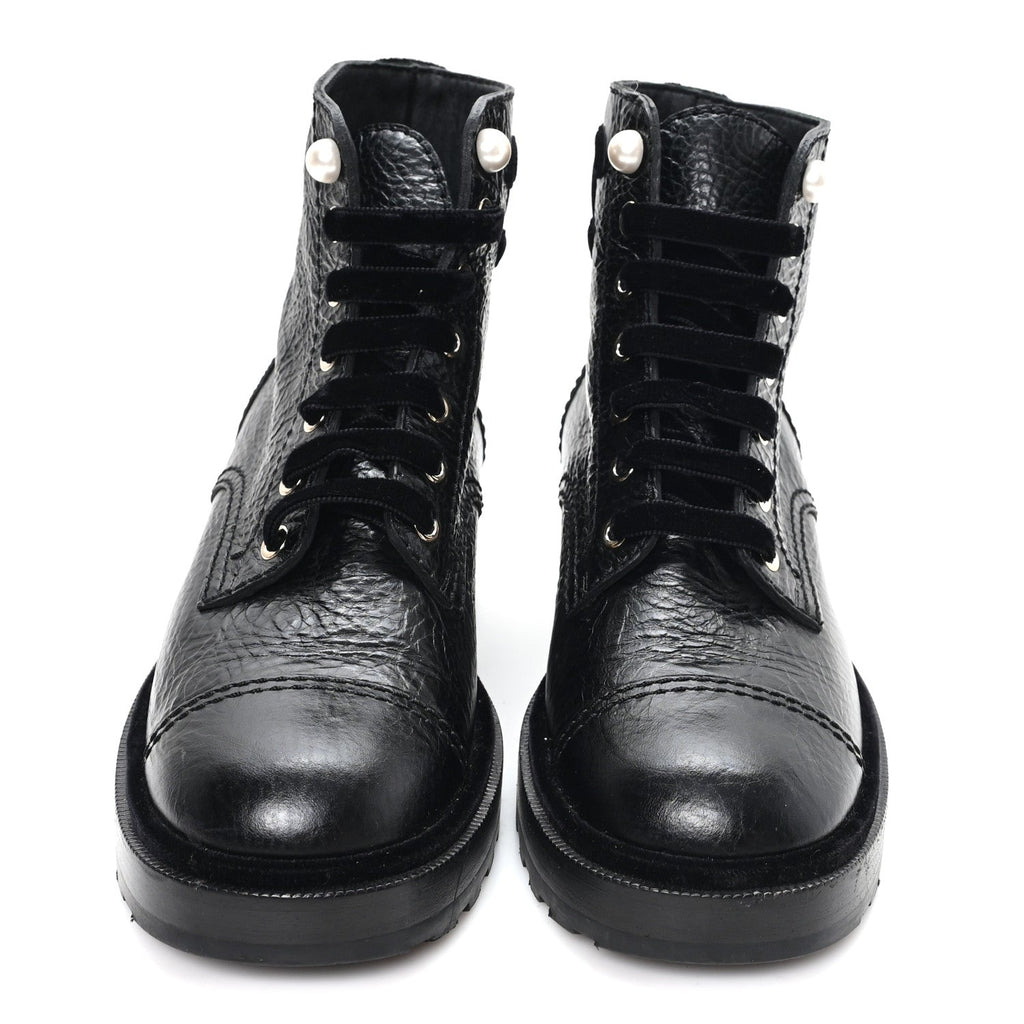 Chanel Shiny Calfskin Velvet Pearl Combat Short Boots 37.5 Black