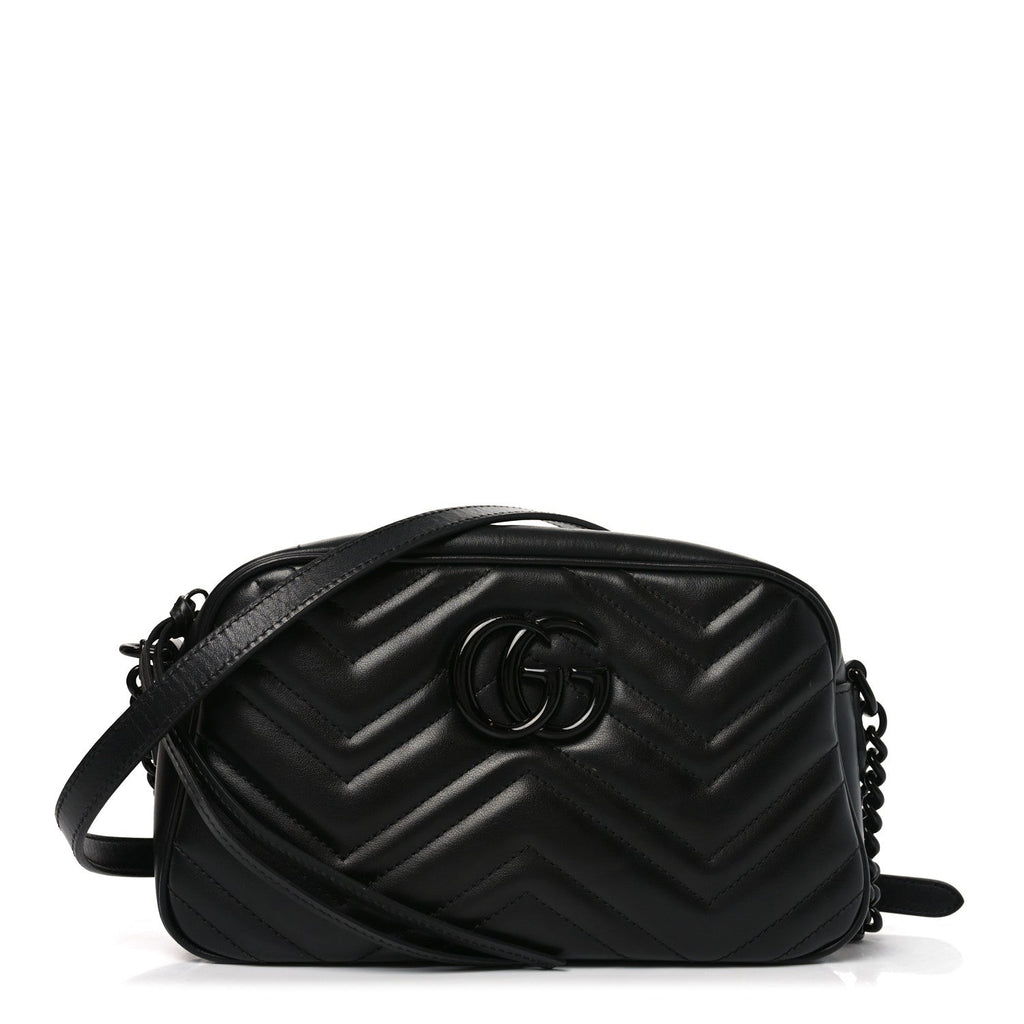 Gucci Calfskin Matelasse Monochrome Small GG Marmont Chain Shoulder Bag Black