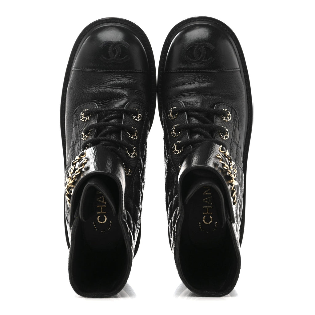 Chanel Shiny Goatskin Calfskin Quilted Lace Up Combat Boots 37 Black