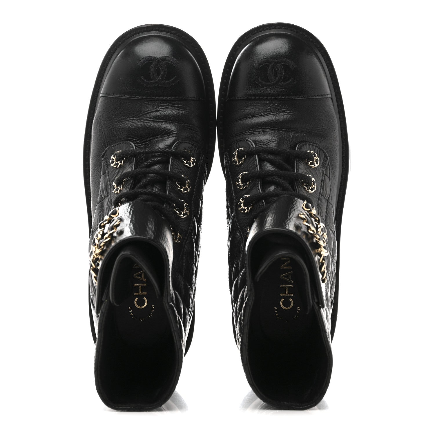 Chanel Shiny Goatskin Calfskin Quilted Lace Up Combat Boots 37 Black