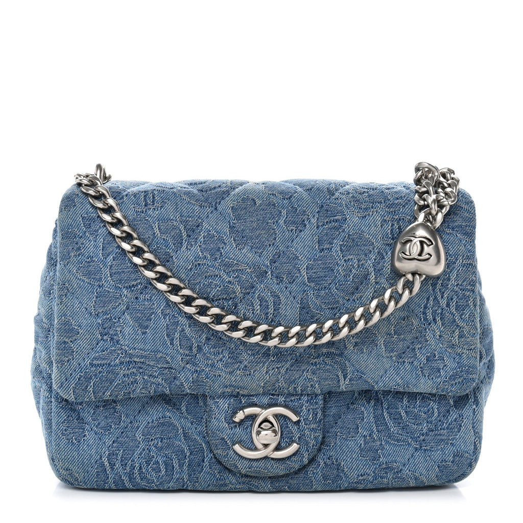 Chanel Denim Quilted Camellia Sweetheart Mini Flap Blue