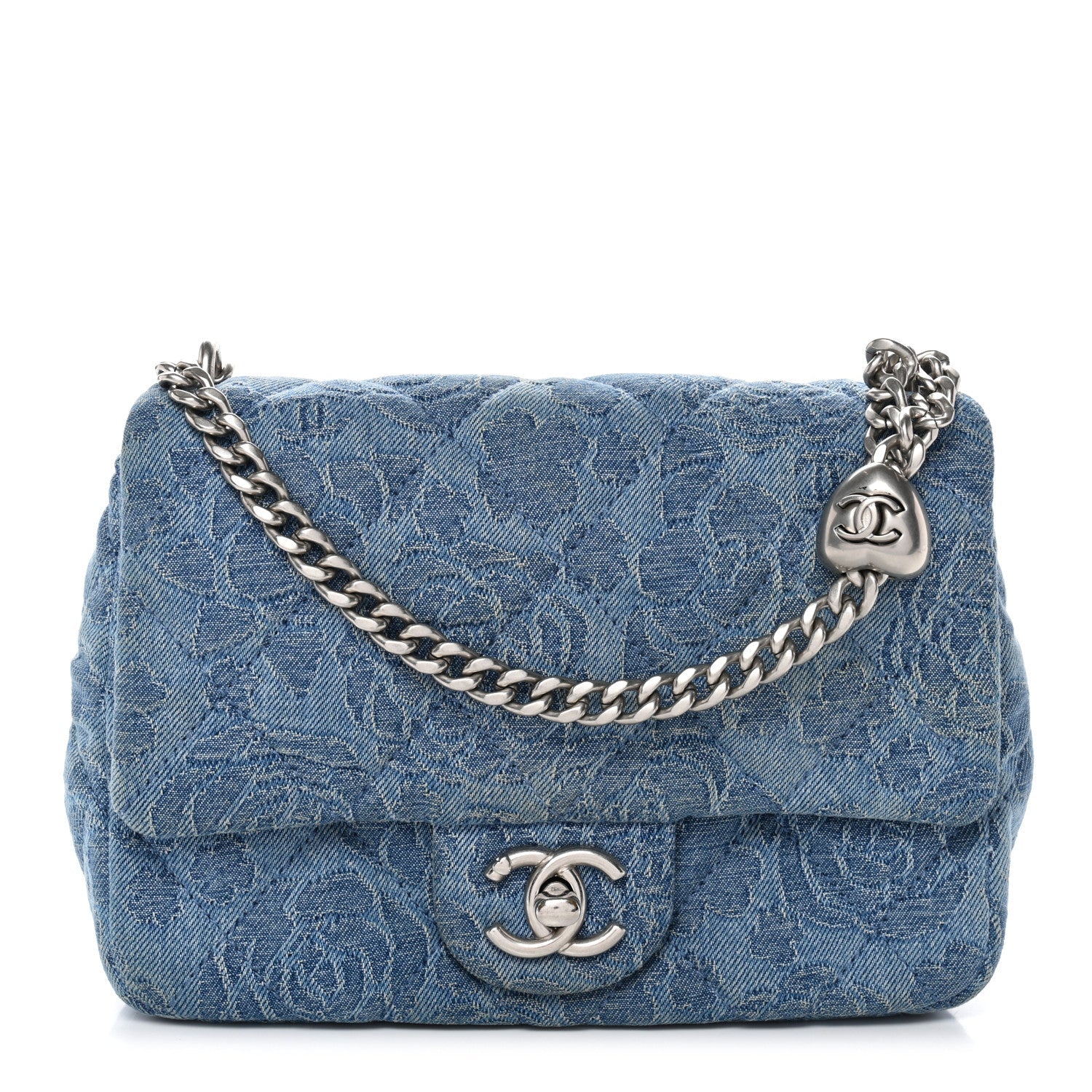 Chanel Denim Quilted Camellia Sweetheart Mini Flap Blue