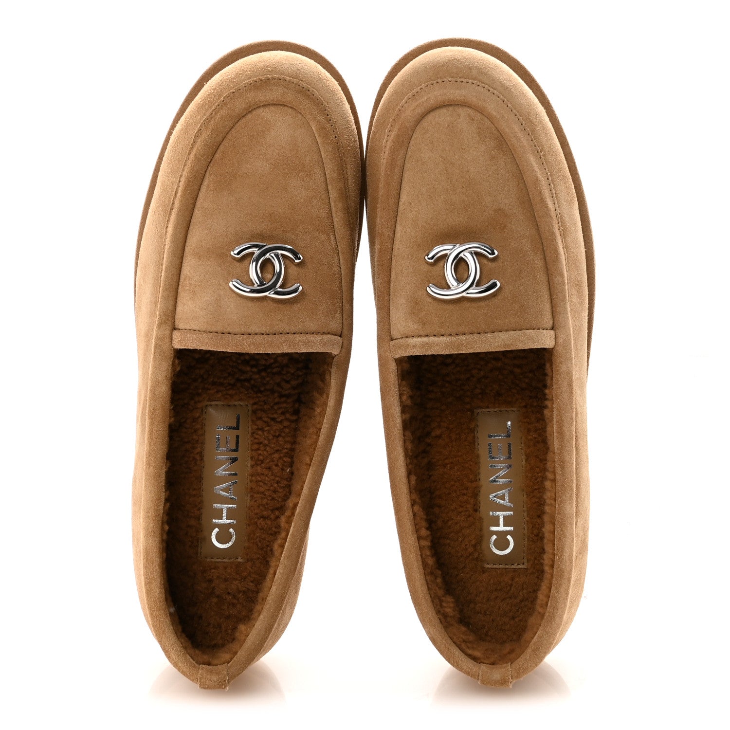 Chanel Suede Calfskin CC Loafers 38.5 Dark Beige