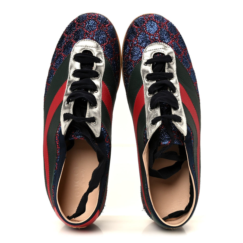 Gucci Lurex Calfskin Web GG Monogram Mens Falacer Sneakers 9 Iridescent Blue Iridescent Red Silver