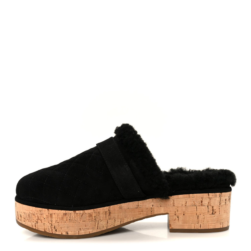Chanel Suede Calfskin Shearling Turn Lock Clogs 38 Black