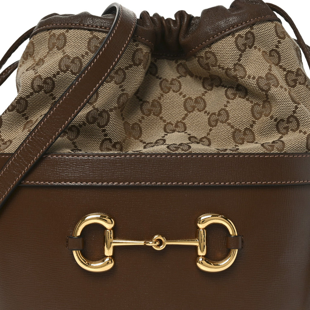 Gucci Monogram Textured Calfskin Horsebit 1955 Drawstring Bucket Bag Beige Brown Sugar