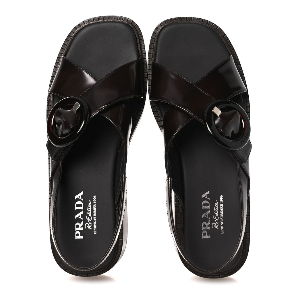 Prada Spazzolato Fume Re-Edition 1996 Buckle Sandals 41 Bruciato