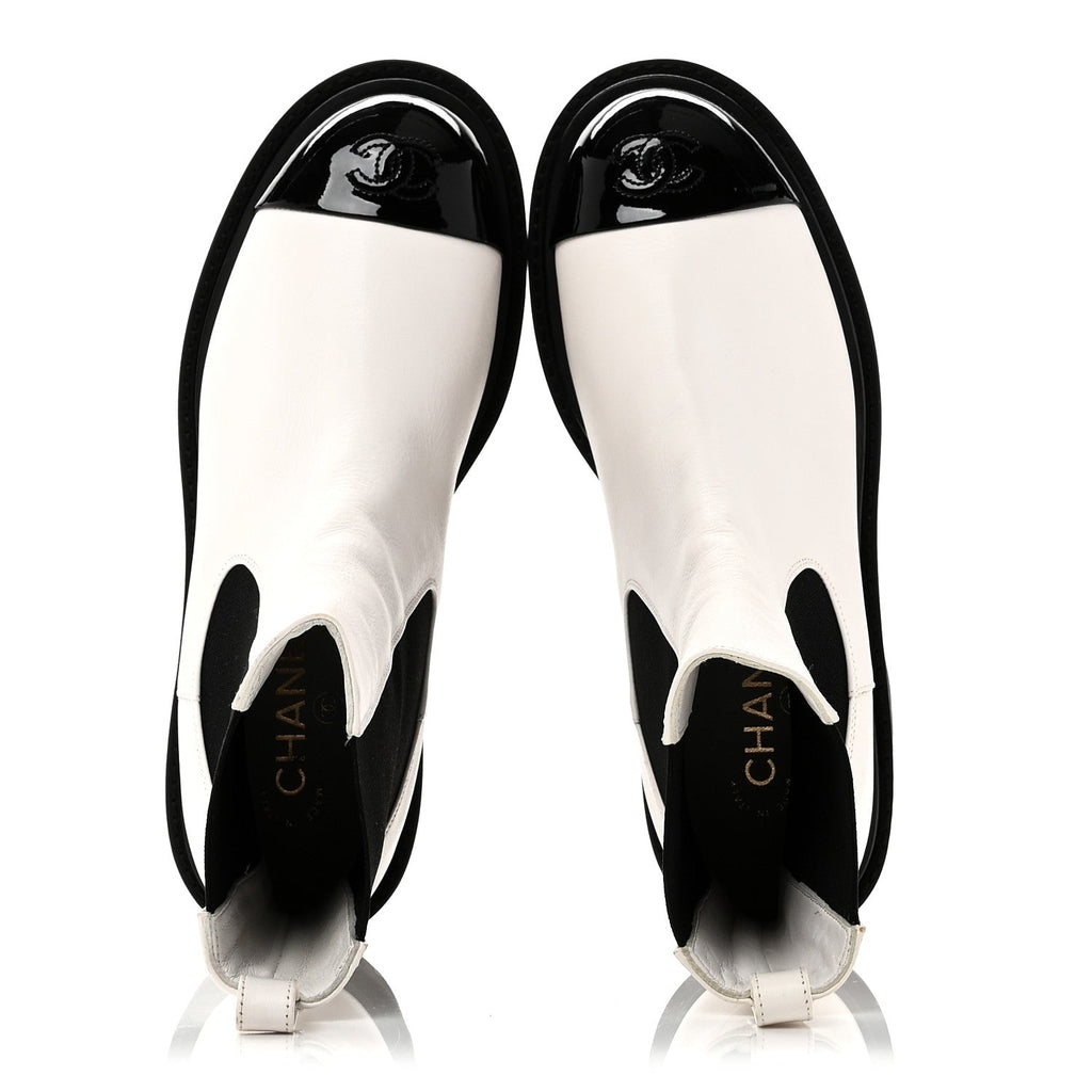 Patent Calfskin Cap Toe CC Ankle Boots 39 White Black