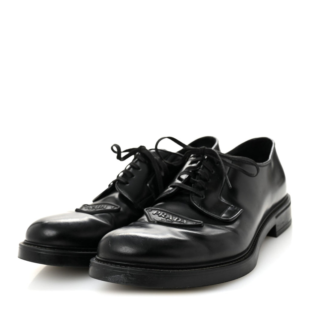 Prada Spazzolato Triangle Mens Derby Loafers 8 Black