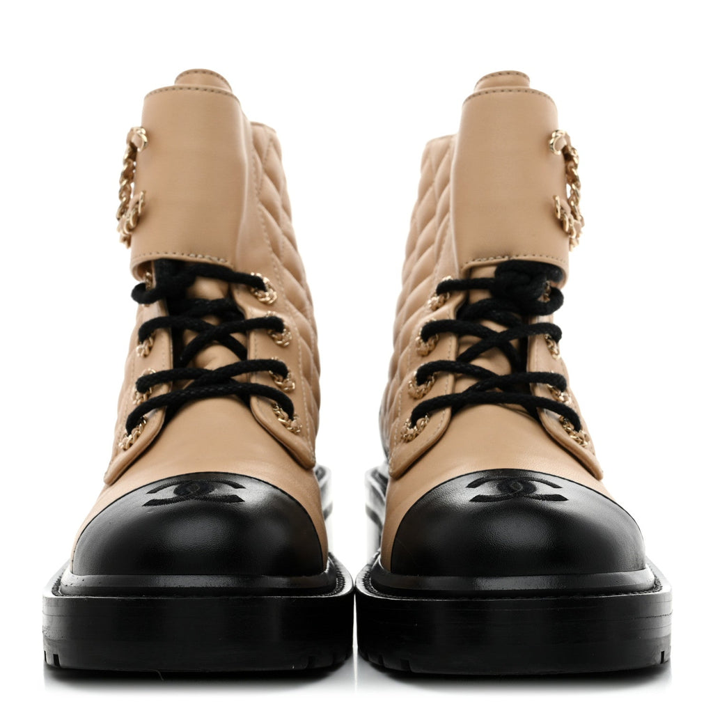 Lambskin Calfskin Quilted Lace Up Combat Boots 36.5 Beige Black