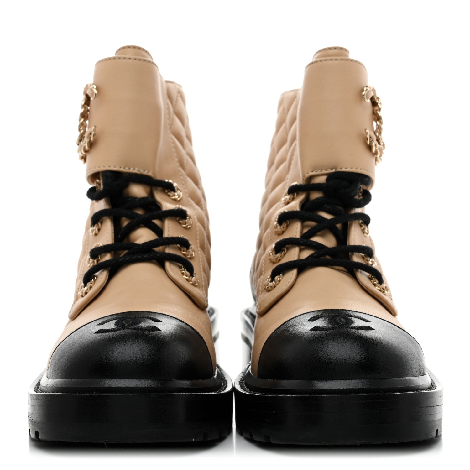 Lambskin Calfskin Quilted Lace Up Combat Boots 36.5 Beige Black