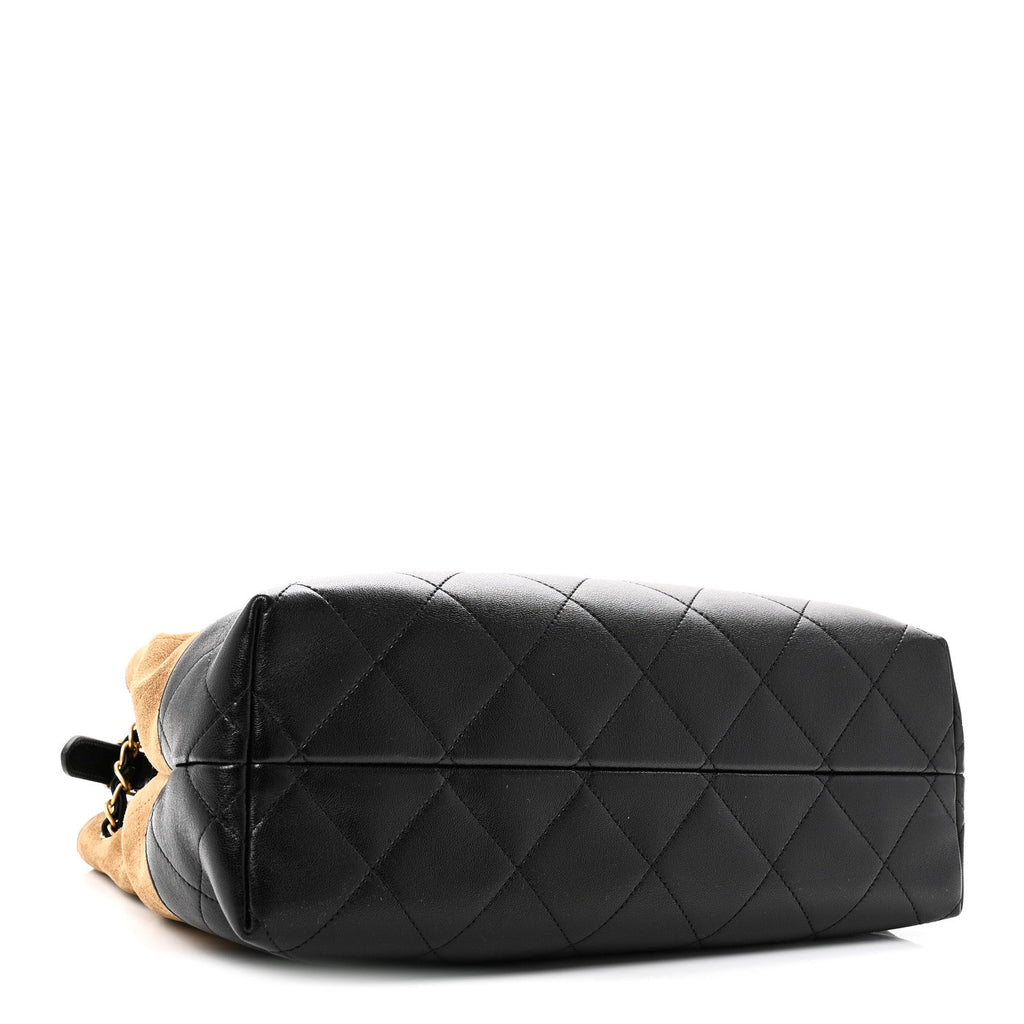 Chanel Suede Calfskin Shiny Lambskin Quilted Small Coco Base Shopping Bag Beige Black