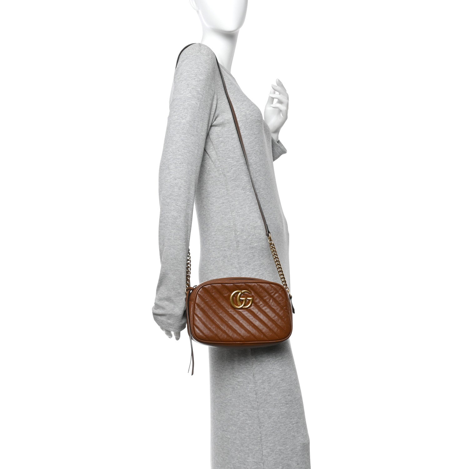 Gucci Glazed Calfskin Matelasse Diagonal Small GG Marmont Chain Shoulder Bag Cuir