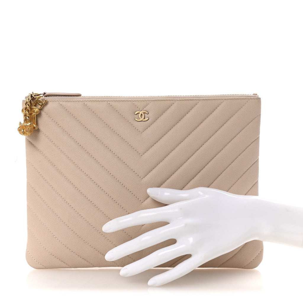 Caviar Chevron Quilted Medium Zip Pouch Light Beige