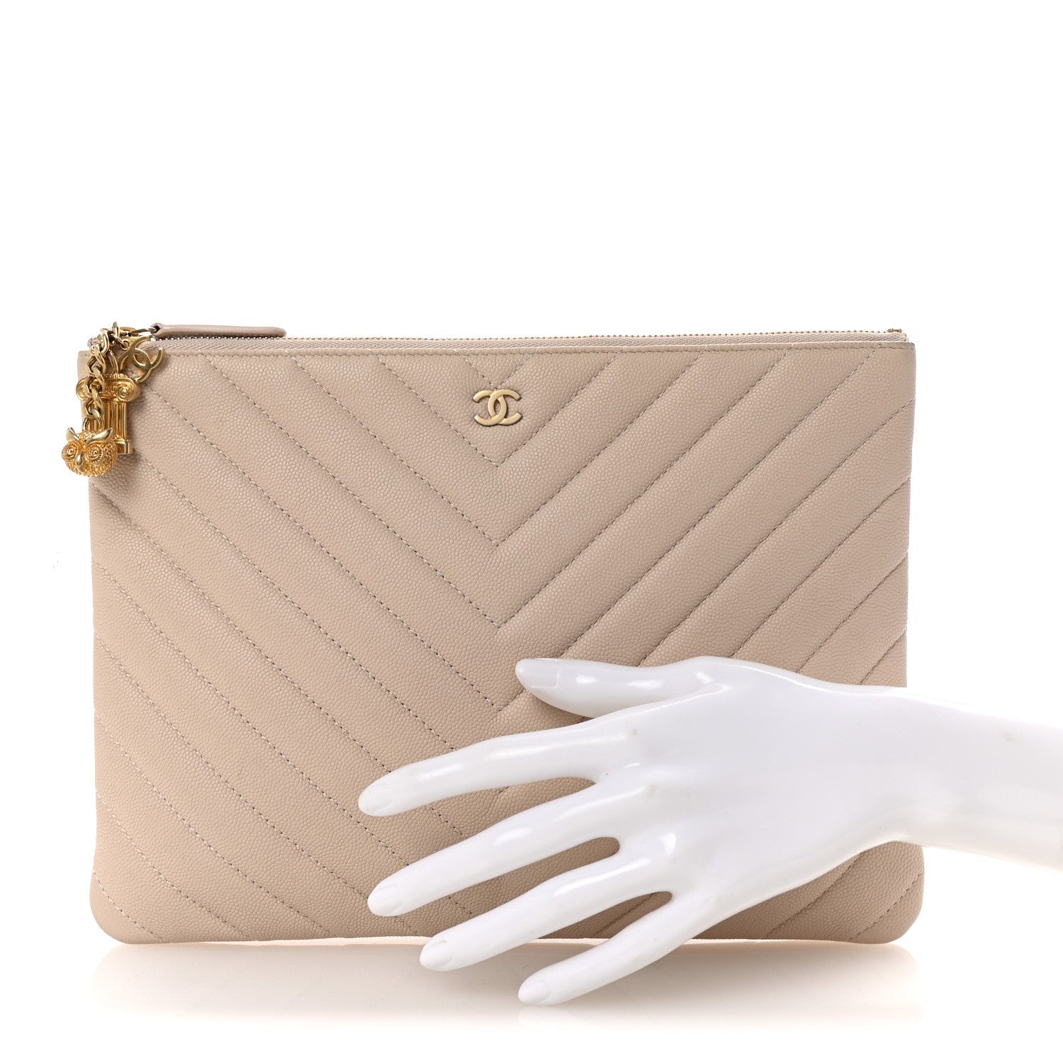 Caviar Chevron Quilted Medium Zip Pouch Light Beige