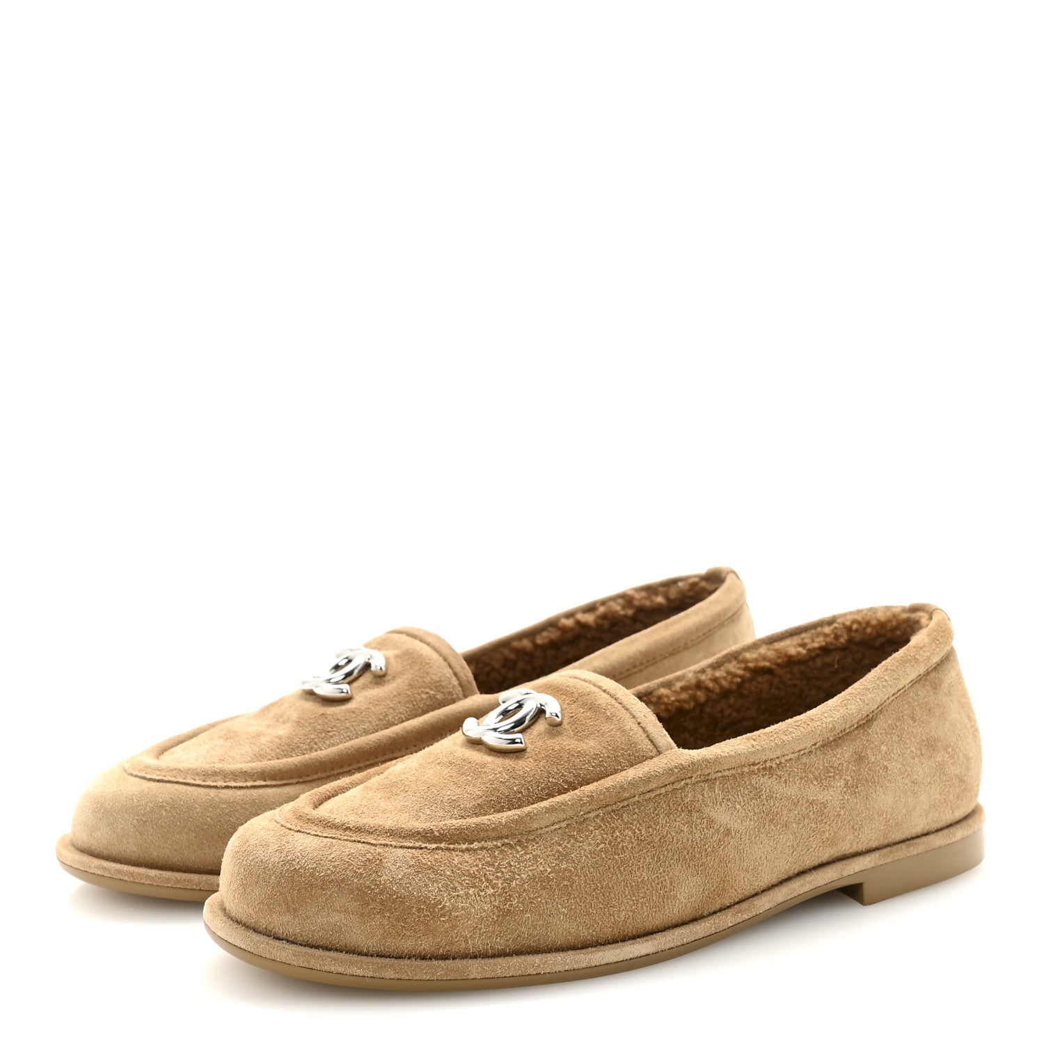 Chanel Suede Calfskin CC Loafers 37.5 Dark Beige