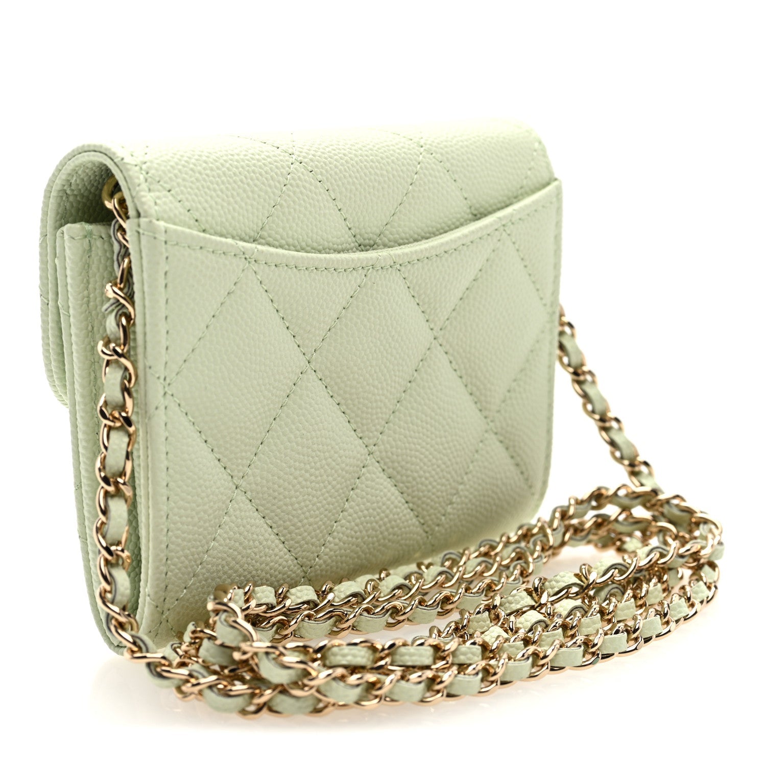 Chanel Caviar Quilted Flap Card Holder On Chain Light Green