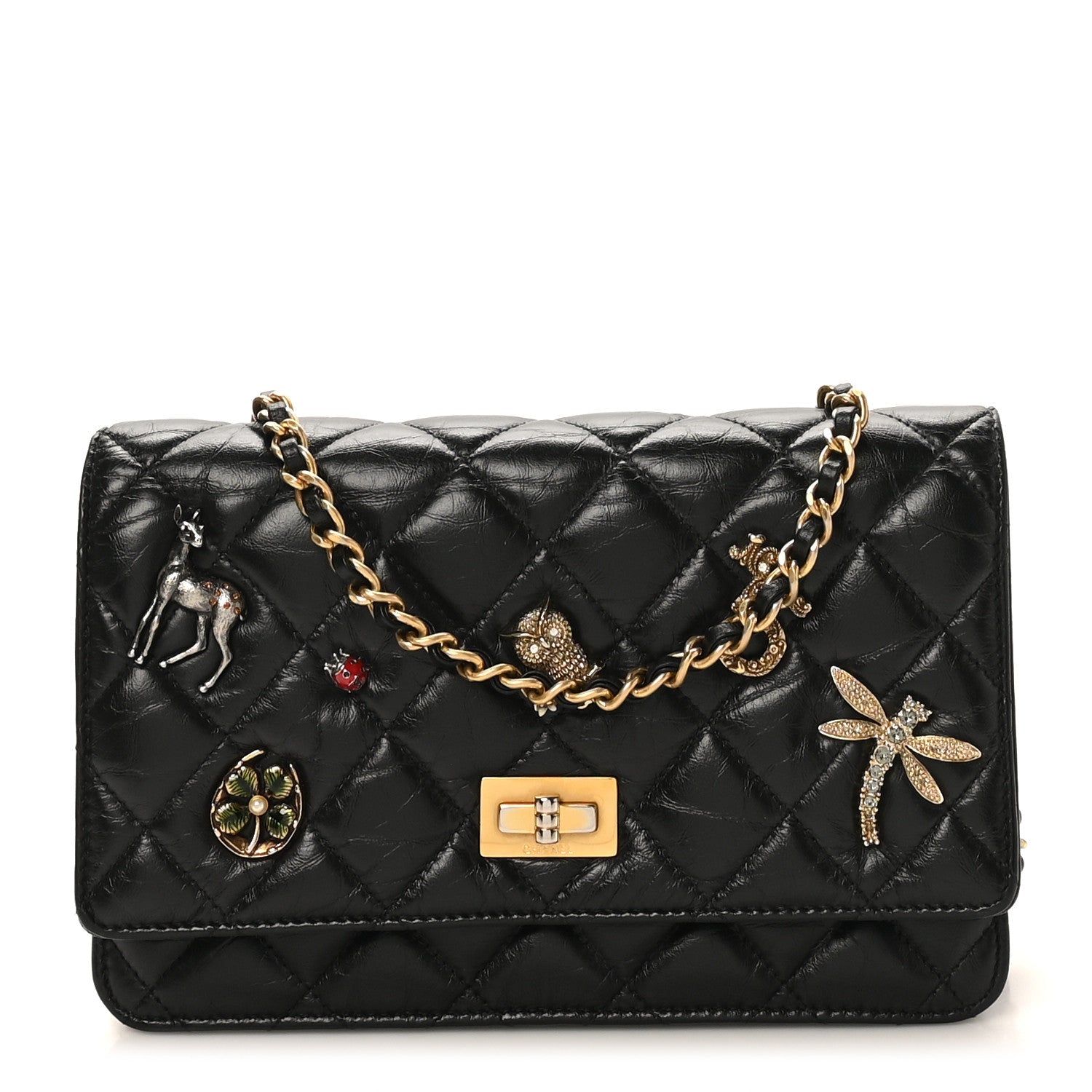 Chanel Aged Calfskin Lucky Charms 2.55 Reissue Wallet on Chain WOC Black
