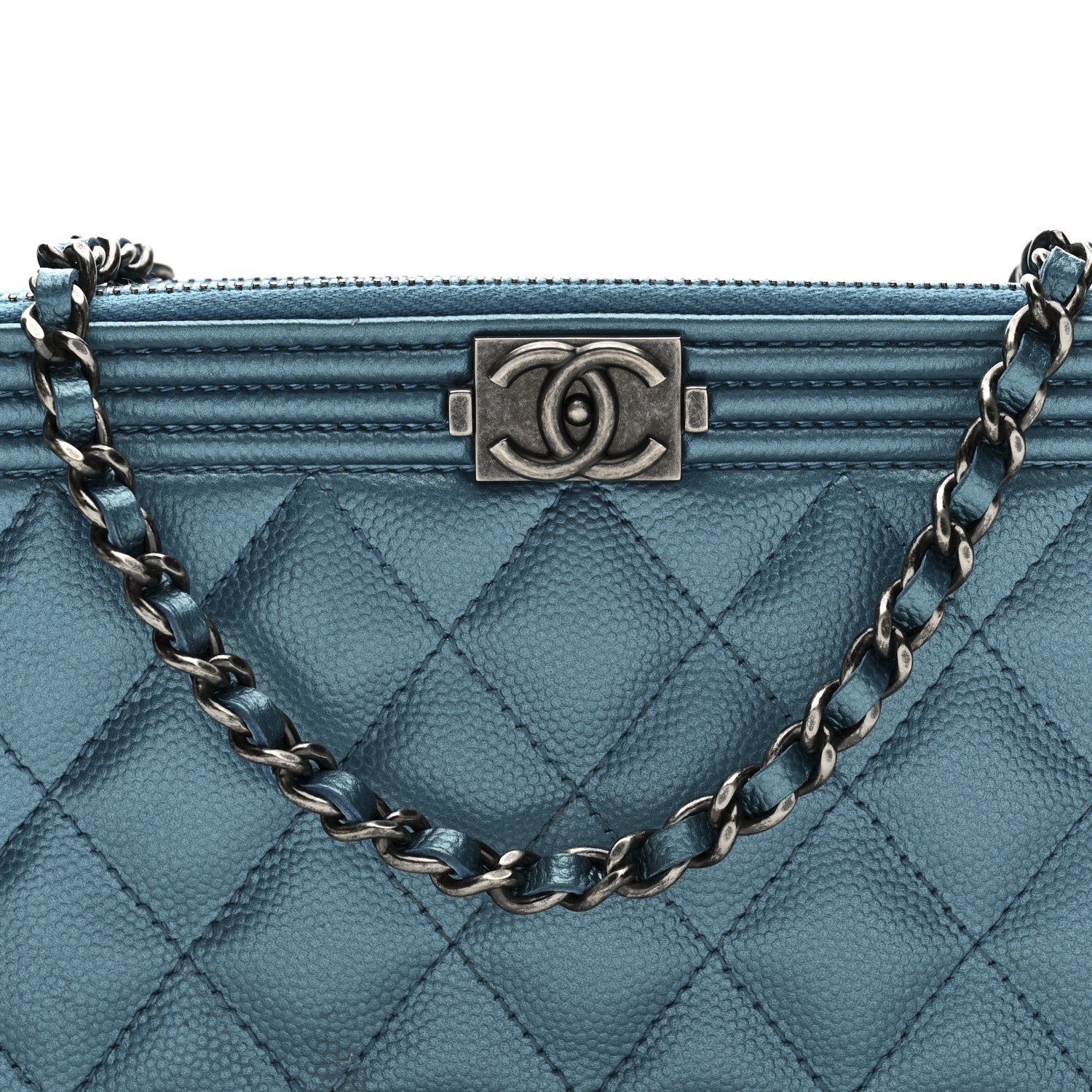 Chanel Metallic Caviar Quilted Small Boy Clutch With Chain Turquoise