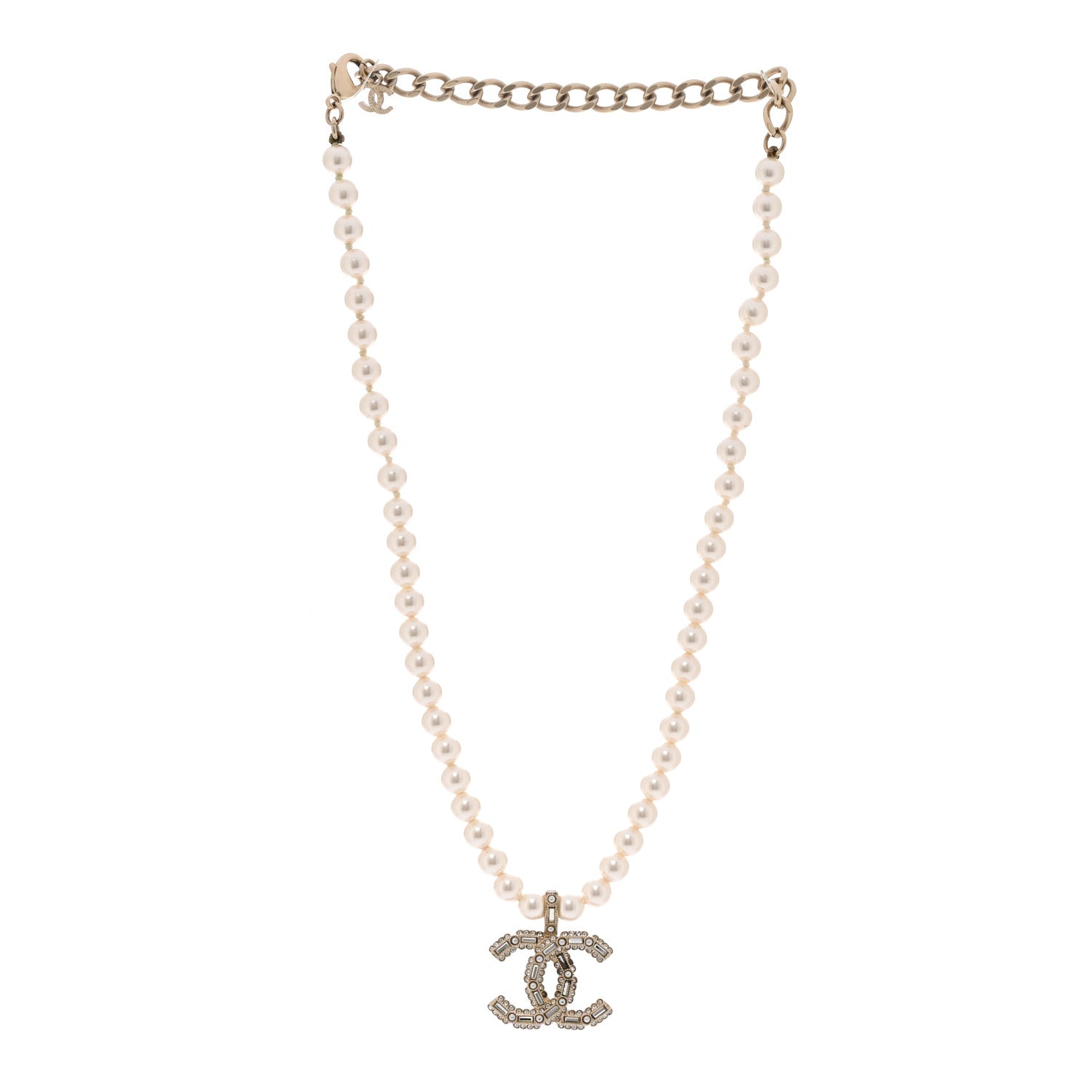 Pearl Crystal Baguette CC Short Necklace Gold