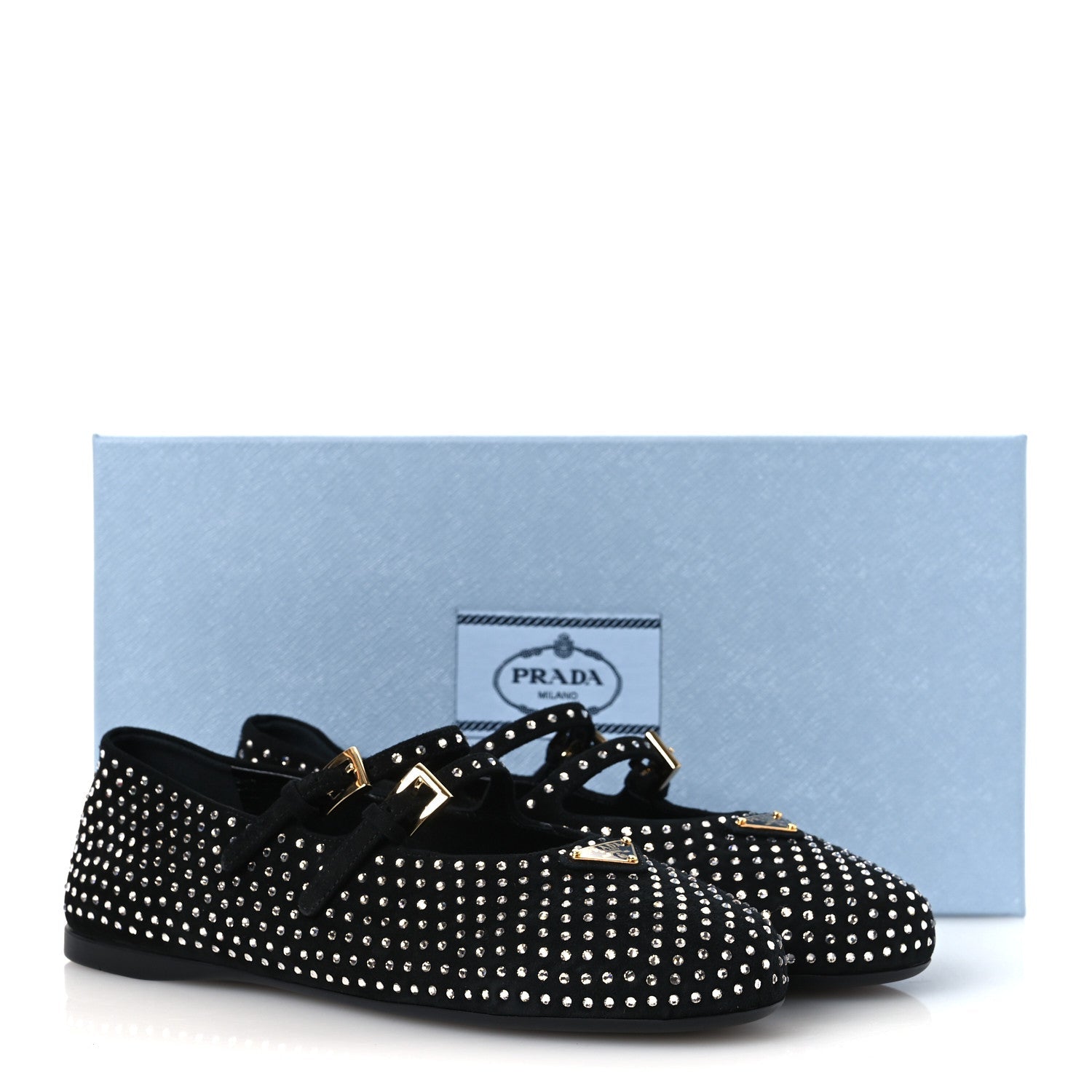 Prada Suede Crystal Studded Ballerina Flats 37 Black