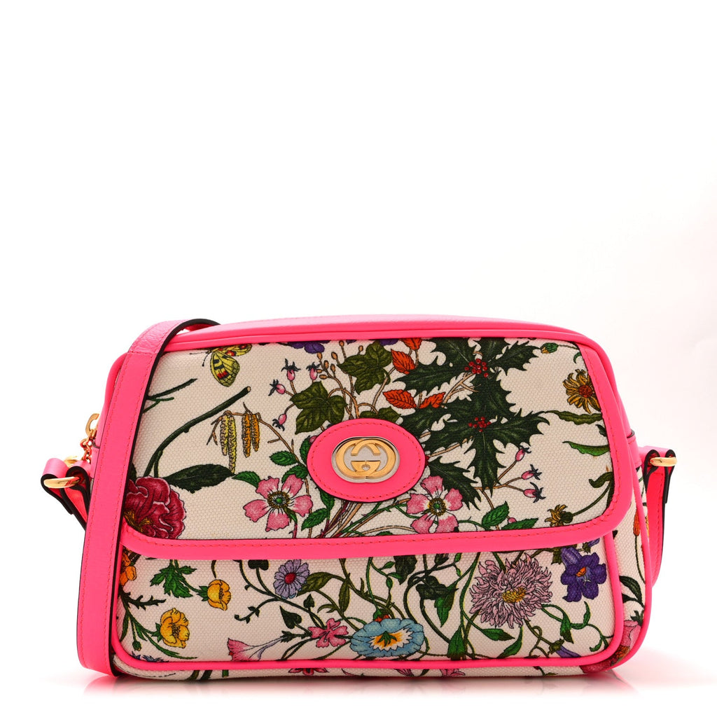 Gucci Canvas Flora Floral Shoulder Bag White Fuchsia Fluo
