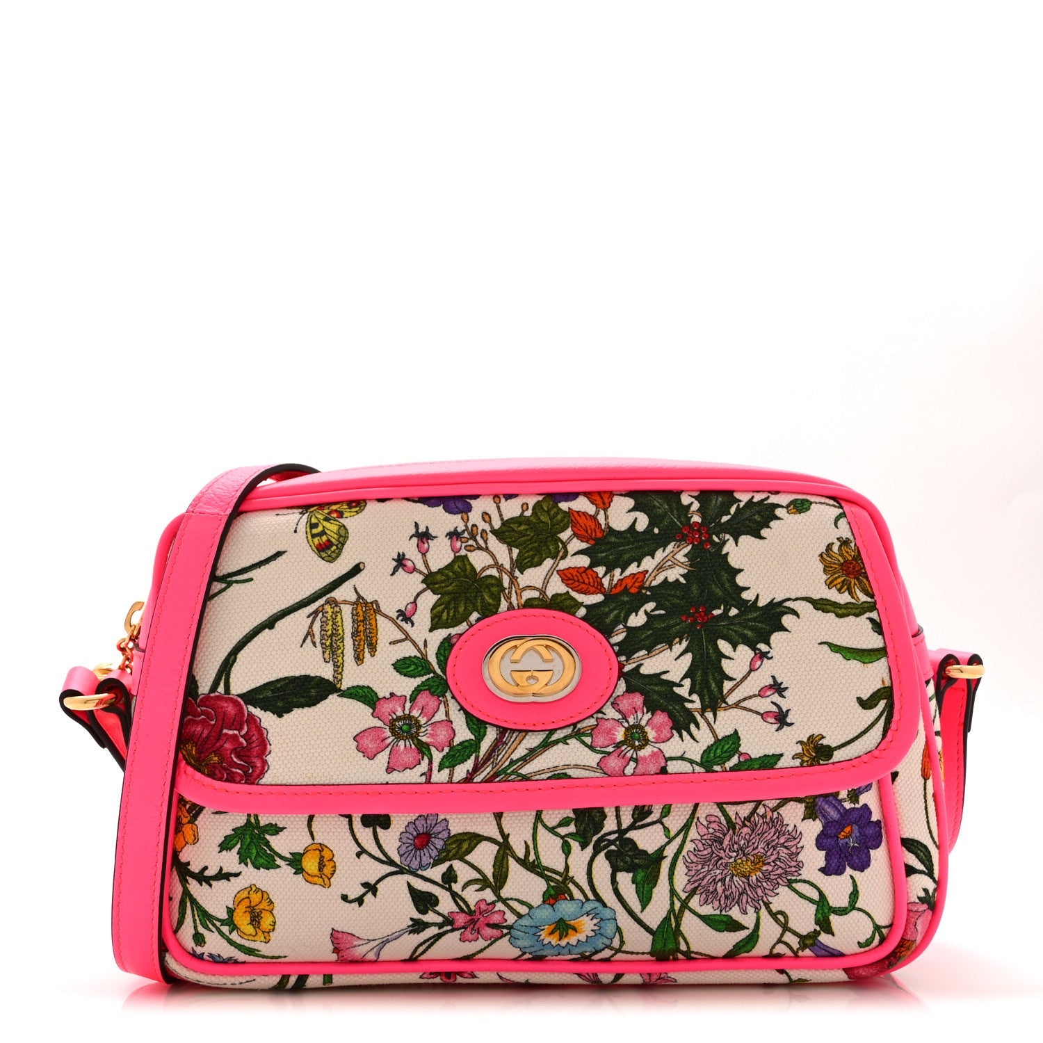 Gucci Canvas Flora Floral Shoulder Bag White Fuchsia Fluo