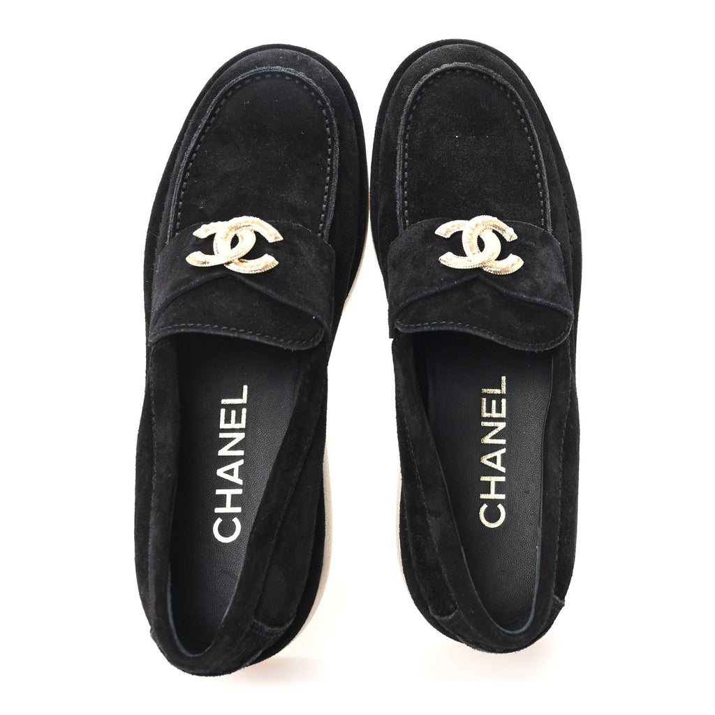 Chanel Suede Calfskin Pearl CC Moccasin Loafers 38.5 Black
