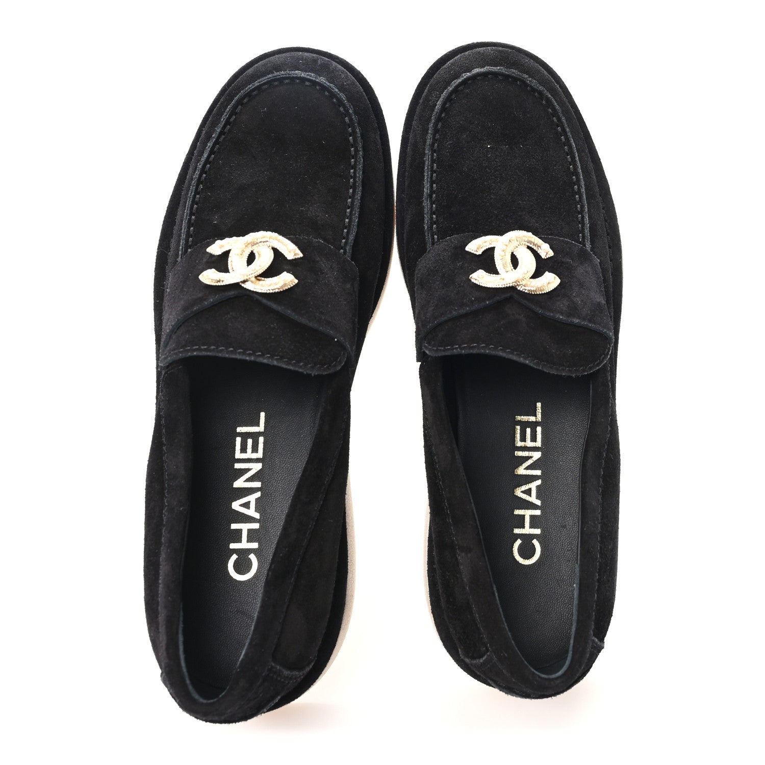 Chanel Suede Calfskin Pearl CC Moccasin Loafers 38.5 Black