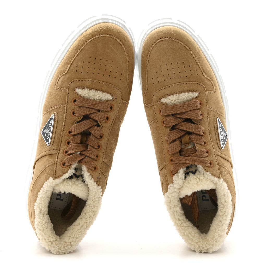 Prada Suede Shearling Triangle Logo Downtown Sneakers 40 Ecru