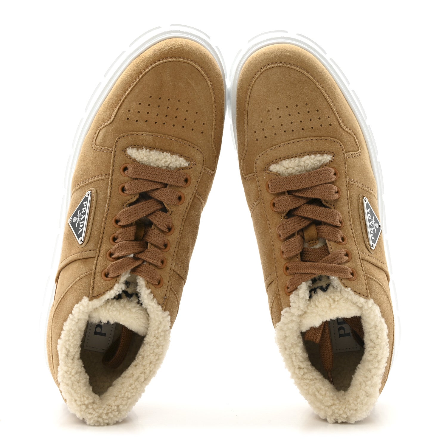 Prada Suede Shearling Triangle Logo Downtown Sneakers 40 Ecru