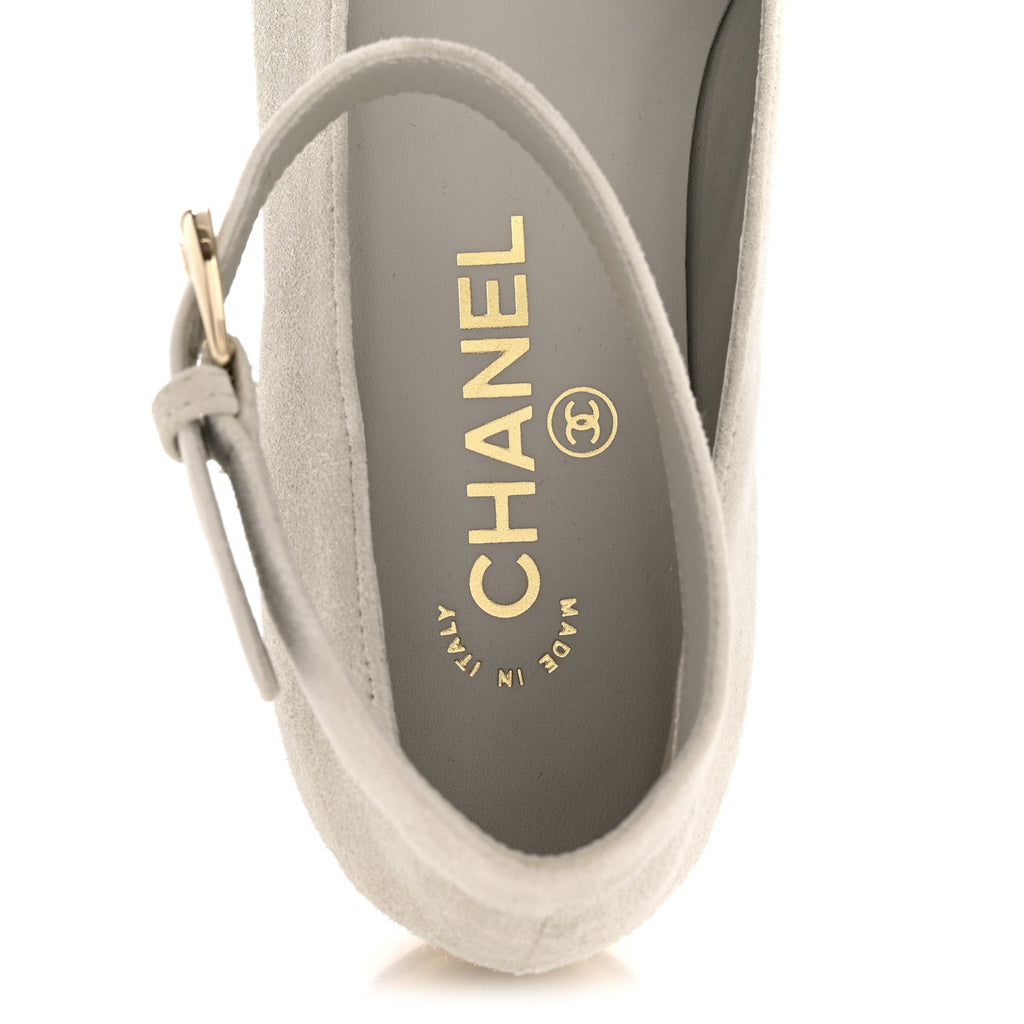 Chanel Suede Calfskin Patent Calfskin Cap Toe CC Mary Jane Flats 36.5 Light Gray Black