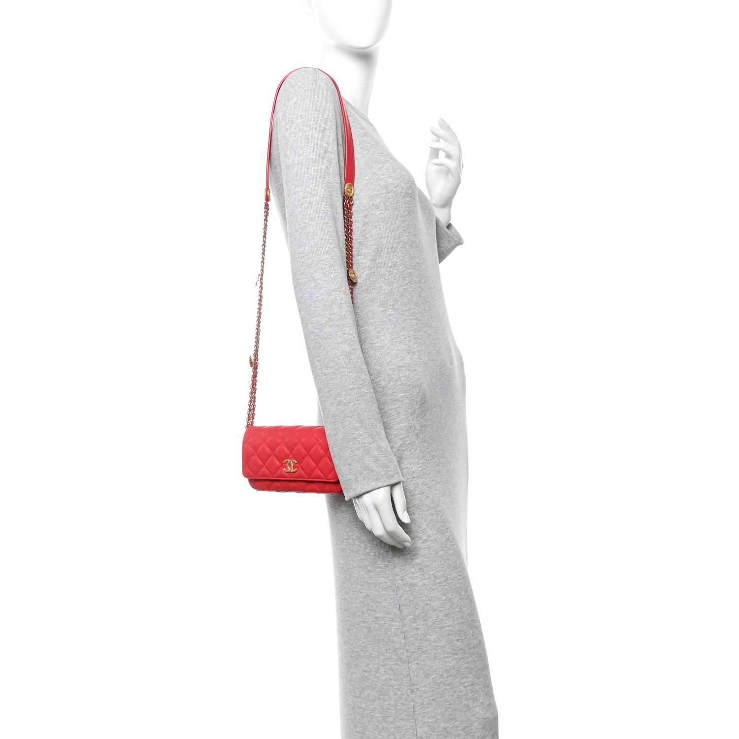 Chanel Caviar Quilted Yours Buttons Phone Holder With Chain Red