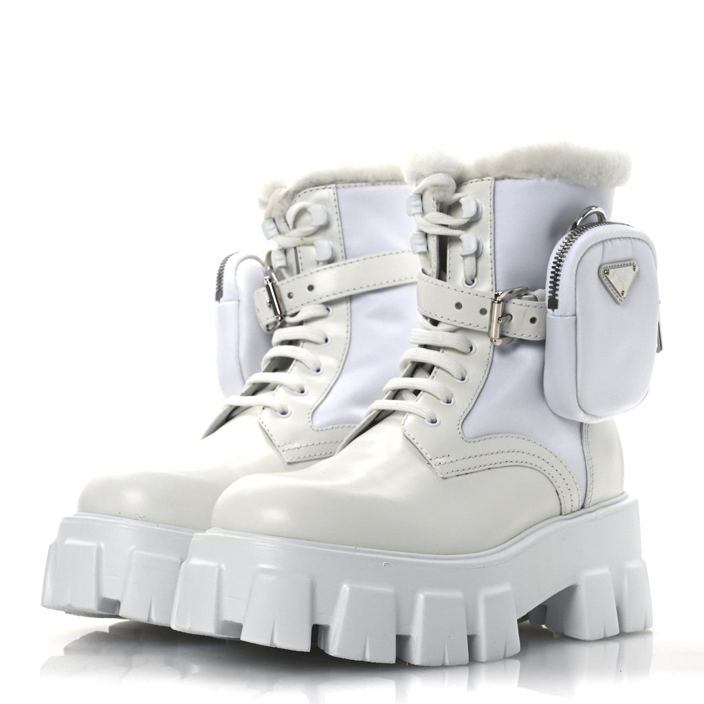 Prada Spazzolato Rois Nylon Shearling Metal Triangle Logo Monolith Pouch Pocket 55mm Boots 35.5 White