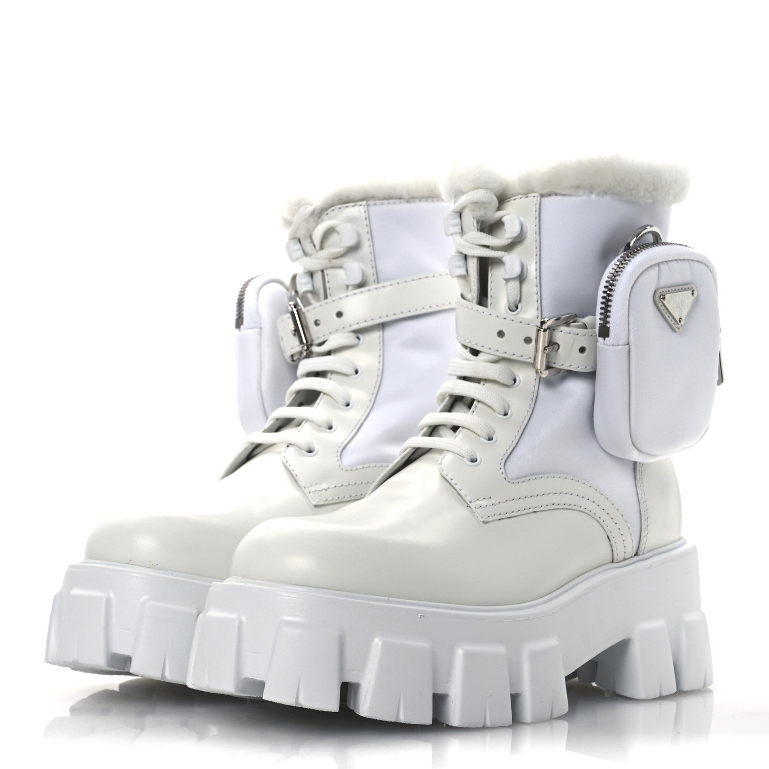 Prada Spazzolato Rois Nylon Shearling Metal Triangle Logo Monolith Pouch Pocket 55mm Boots 35.5 White
