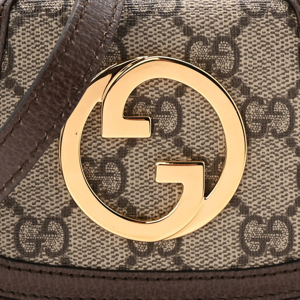 Gucci GG Supreme Monogram Textured Dollar Calfskin Blondie Card Case Wallet with Strap Beige Ebony New Acero