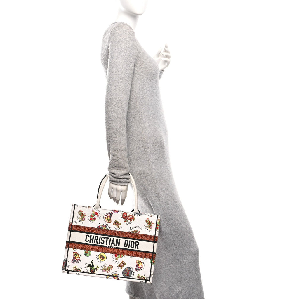 Christian Dior Canvas Embroidered Dragon Zodiac Medium Book Tote White Multicolor