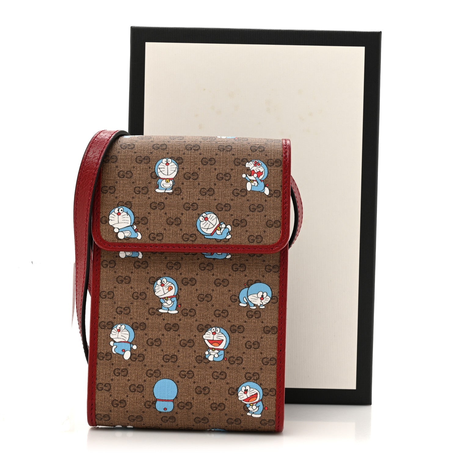 Gucci X DORAEMON Mini Vintage GG Supreme Monogram Mini Crossbody Bag Beige Cherry Red