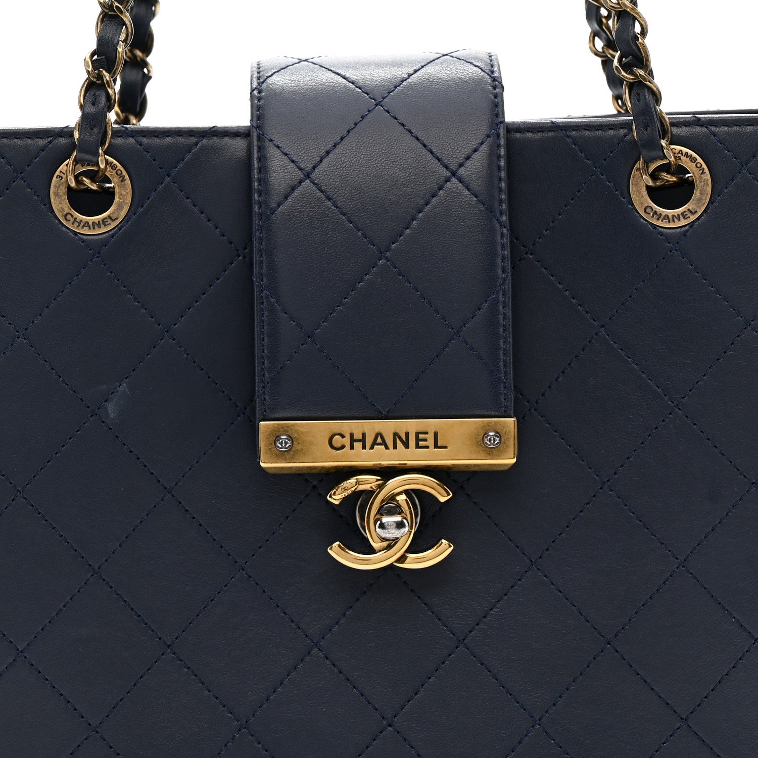 Chanel Lambskin Stitched Medium Around The Corner Shopping Tote Deep Marine