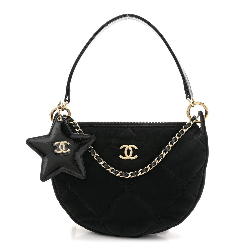 Chanel Velvet Effect Nylon Shiny Crumpled Calfskin Coco Neige Quilted Clutch With Chain Black