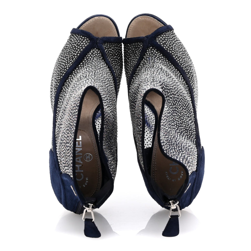 Mesh Crystal Open Toe Ankle Boots 40 Navy