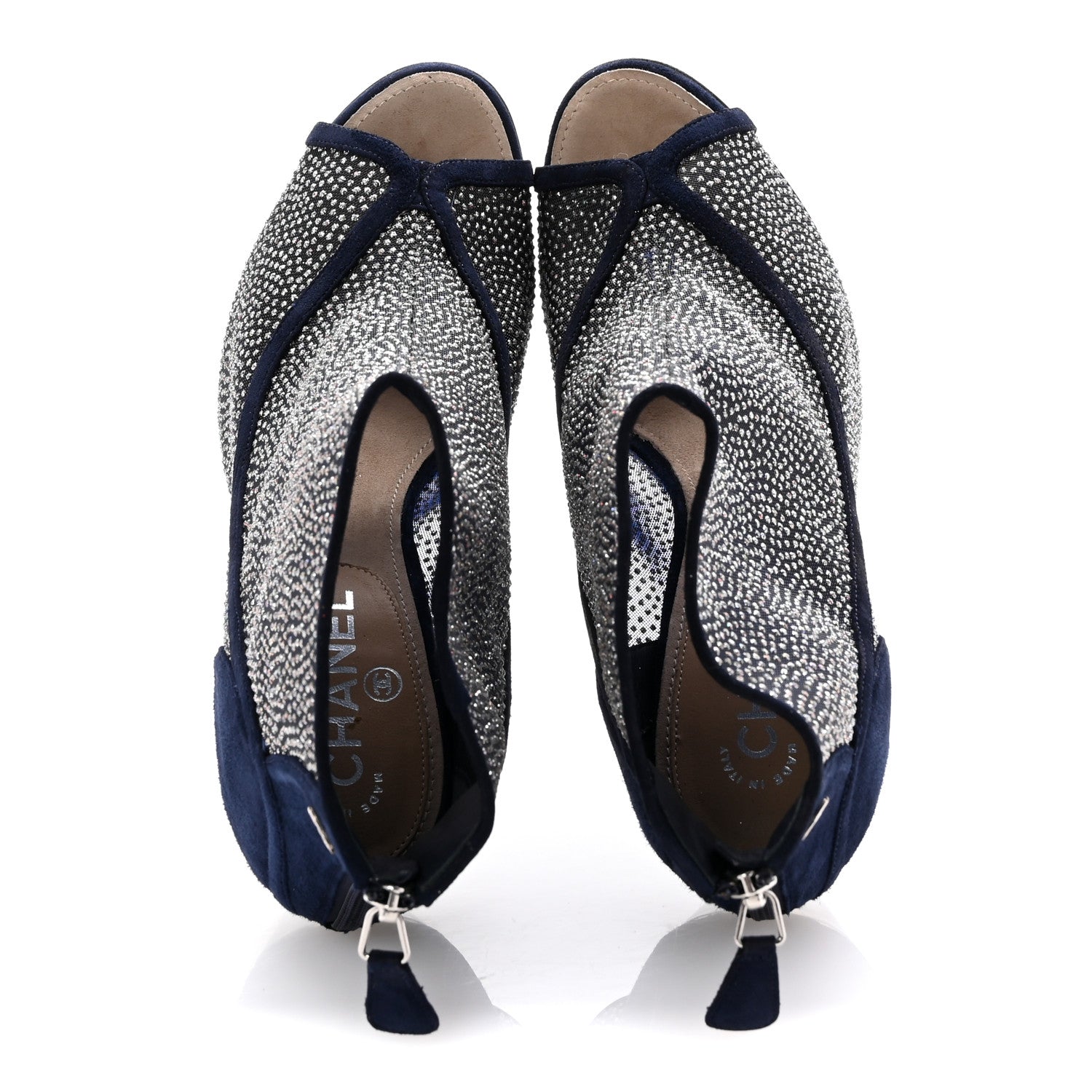 Mesh Crystal Open Toe Ankle Boots 40 Navy