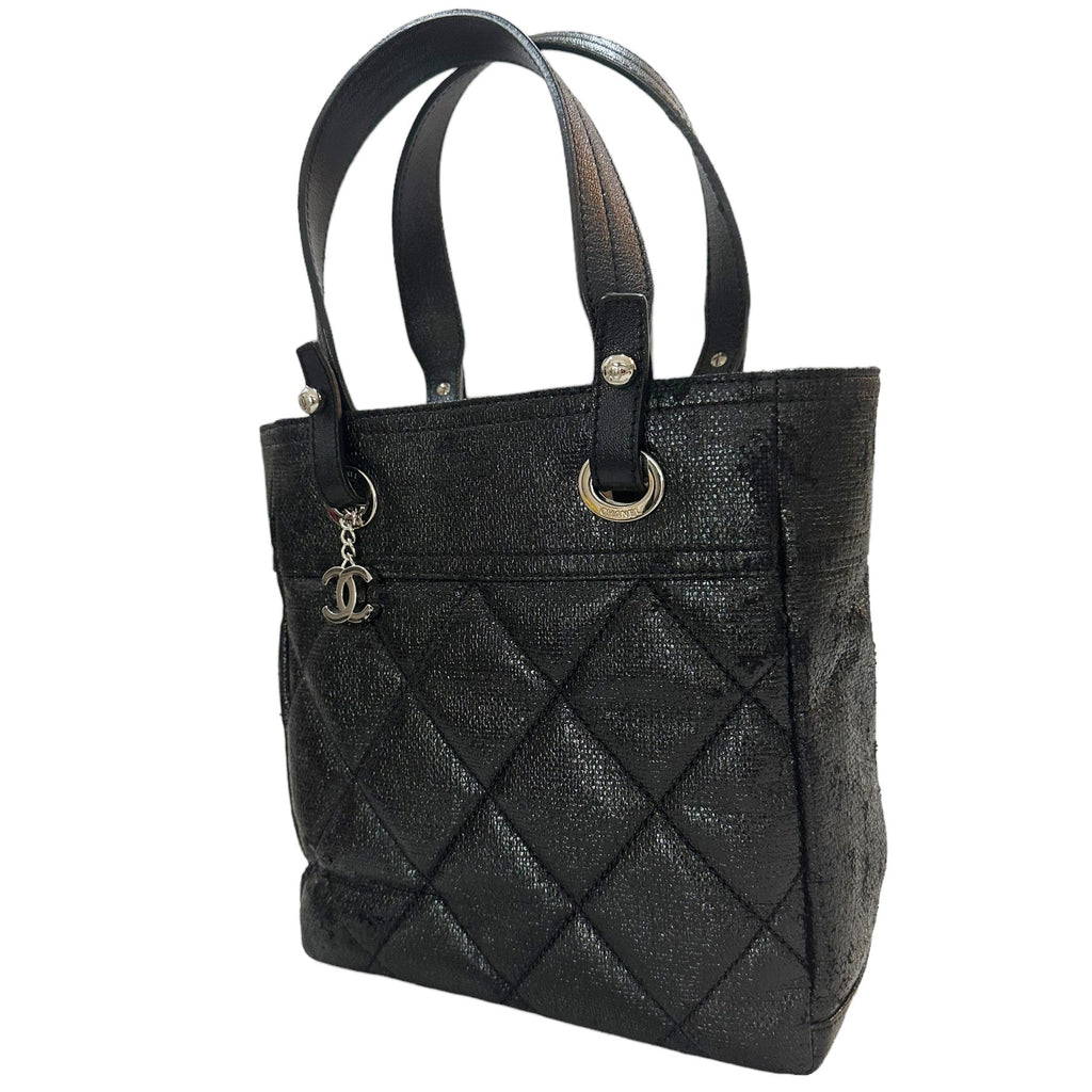 CHANEL Paris Biarritz Tote Black Coated Canvas Leather Small Tote Bag Black