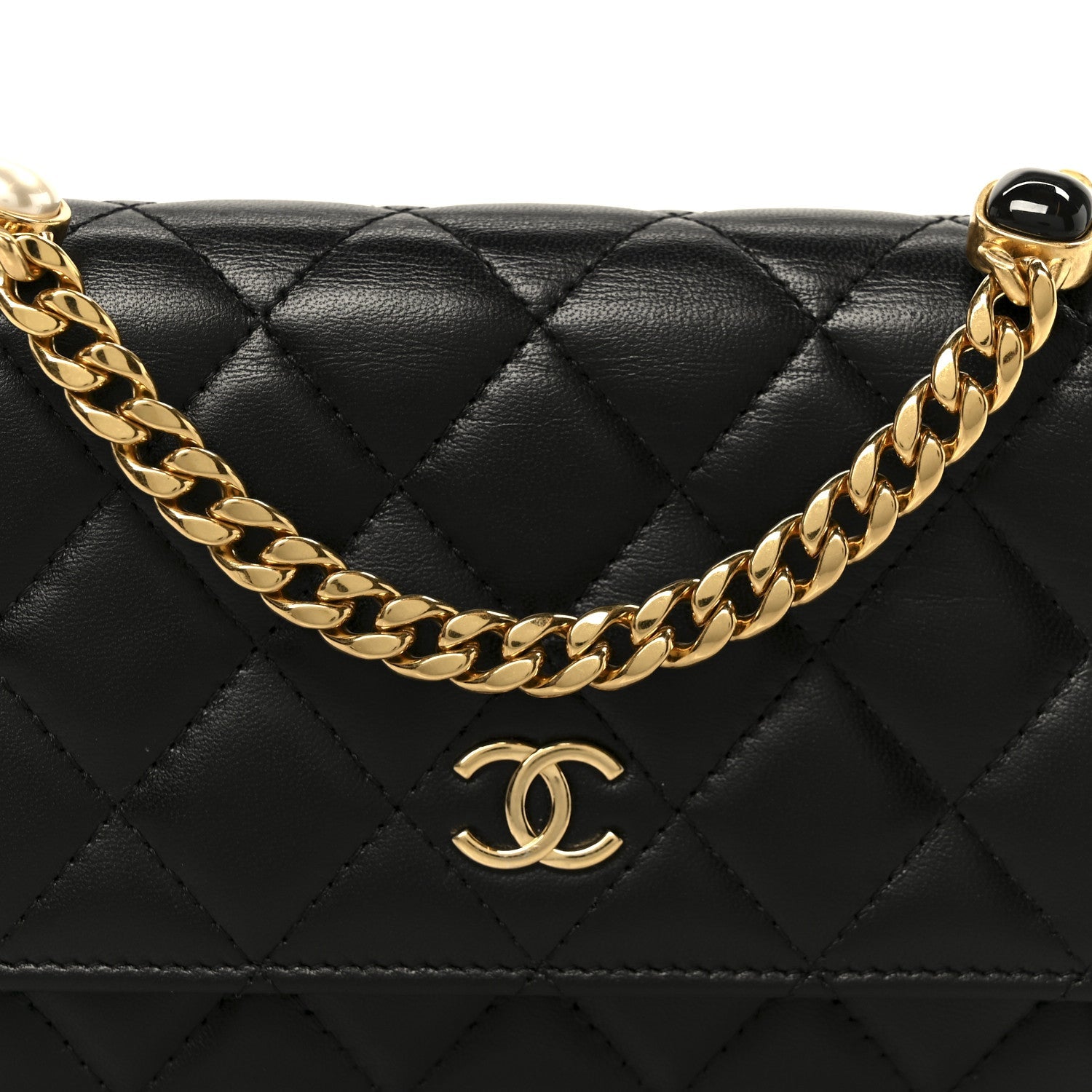 Chanel Lambskin Quilted CC Pearl Enamel Clutch on Chain WOC Black