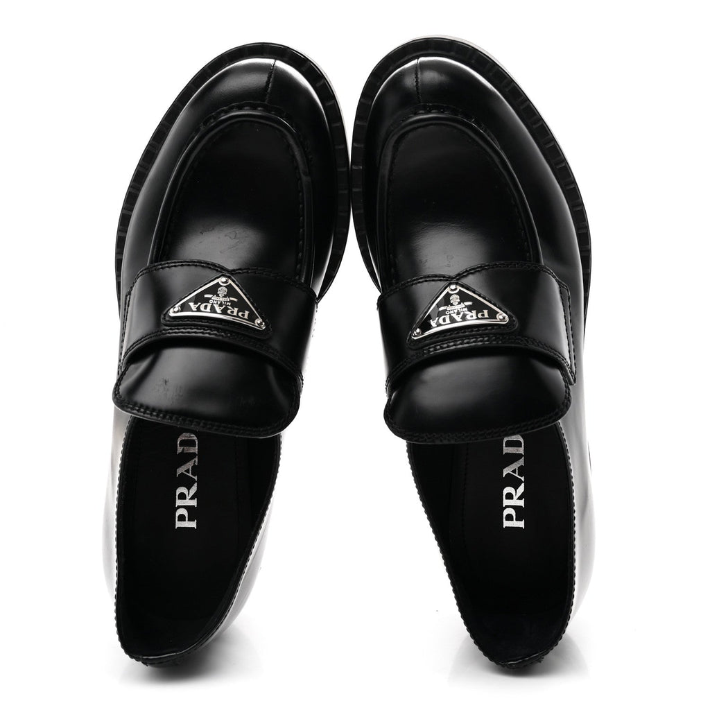 Prada Spazzolato Metal Triangle Logo 50mm Loafers 36.5 Black
