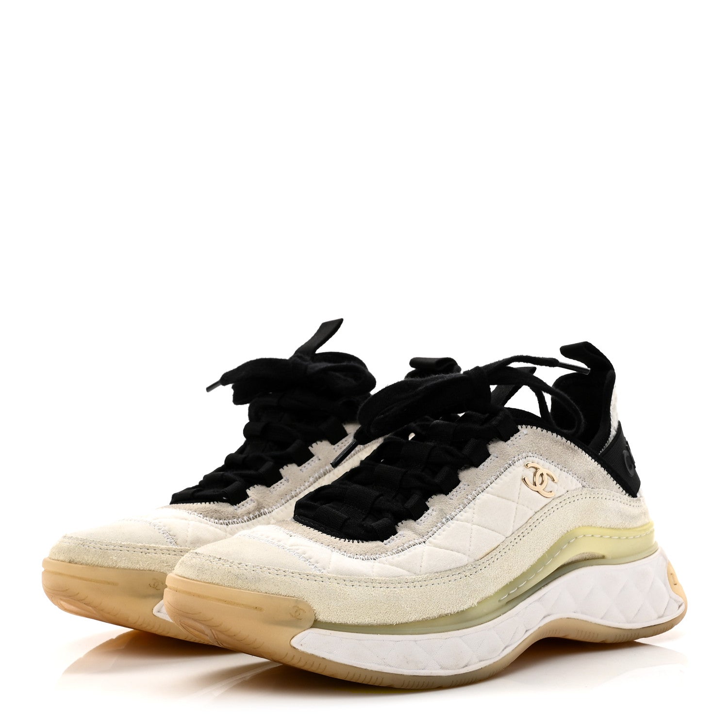 Fabric Suede Calfskin CC Sneakers 38.5 Ivory Black