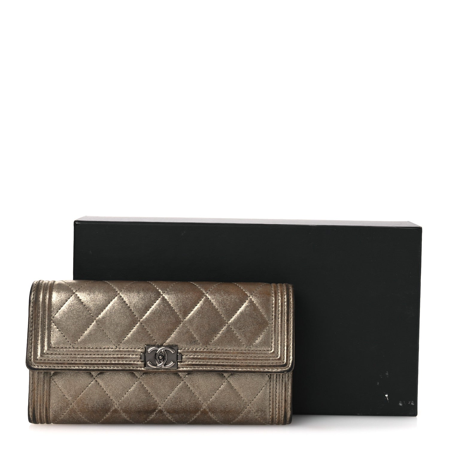 Iridescent Calfskin Quilted Boy Flap Wallet Dark Gold